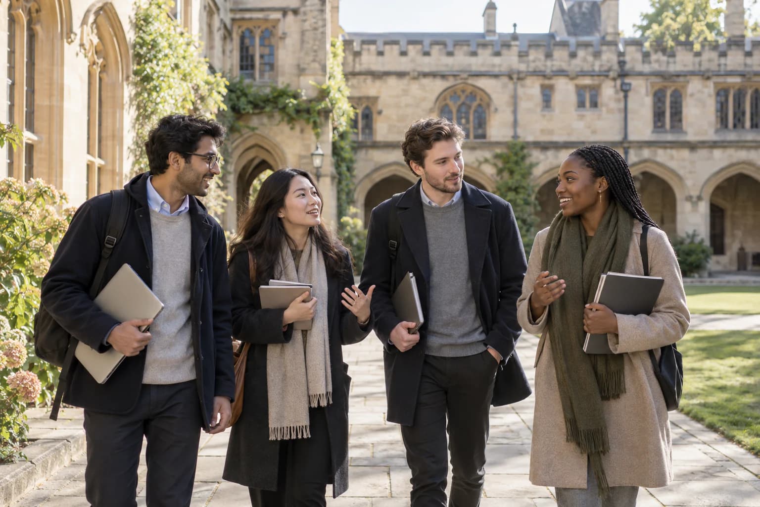 Adult students talk in a historic British-style academic courtyard
